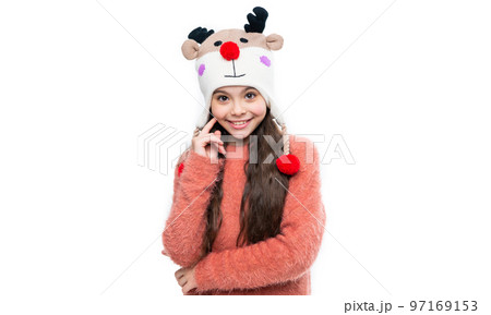 teen girl in earflap hat isolated on white background. teen girl wear sweater and earflap hat 97169153