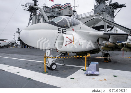 San Diego, USA. September 20, 2022. White fighter jet on USS Midway displayed at historical naval aircraft carrier museum San Diego, USA. September 20, 2022. White fighter jet on USS Midway displayed at historical naval aircraft carrier museum 97169334
