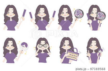 【オタクイラスト/ペンラ、うちわ、双眼鏡、痛ば、ぬいを持っている】表情とポーズのバリエーションセット 97169568