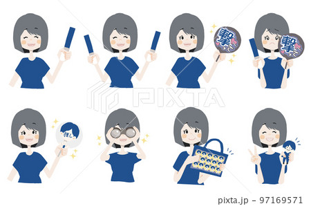 【オタクイラスト/ペンラ、うちわ、双眼鏡、痛ば、ぬいを持っている】表情とポーズのバリエーションセット 97169571