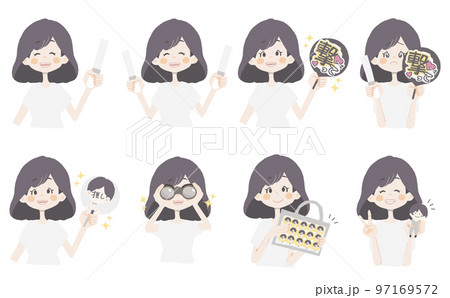 【オタクイラスト/ペンラ、うちわ、双眼鏡、痛ば、ぬいを持っている】表情とポーズのバリエーションセット 97169572
