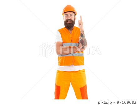 studio shot of inspired with idea builder wearing helmet. builder isolated on white background. studio shot of inspired with idea builder wearing helmet. builder isolated on white background. 97169682