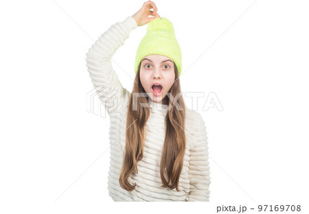 amazed child in knitted hat warm clothes isolated on white, warm clothes amazed child in knitted hat warm clothes isolated on white, warm clothes 97169708