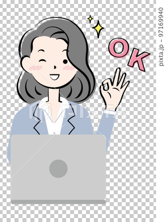 A young woman in a suit giving an OK sign by... - Stock Illustration ...