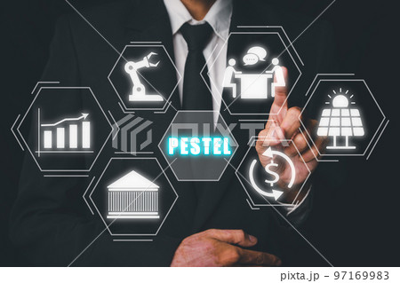 PESTEL analysis concept, political, economic, socio-cultural, technological, environmental and legal, Person hand touching PESTEL icon on virtual screen. 97169983