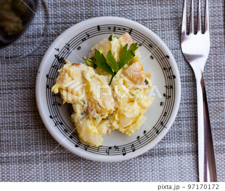 Salad with boiled potato, pickles and sausages 97170172