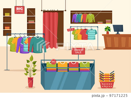 T shirt Store for Buying New Products Clothing or Outfit with Various Color and Model in Flat Cartoon Hand Drawn Templates Illustration T shirt Store for Buying New Products Clothing or Outfit with Various Color and Model in Flat Cartoon Hand Drawn Templates Illustration 97171225