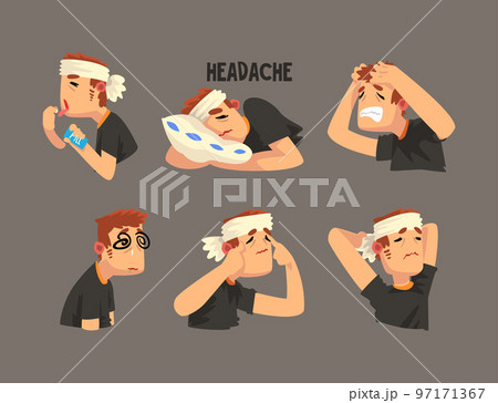 Sick Man with Bandaged Head Having Headache Massaging Temple and Lying on Pillow Vector Set Sick Man with Bandaged Head Having Headache Massaging Temple and Lying on Pillow Vector Set 97171367