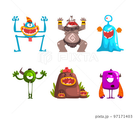 Monster with Wide Open Toothy Mouth in Frightening Pose Vector Set 97171403