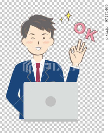 一個穿西裝的年輕人通過操作電腦做出 OK 的手勢 一個穿西裝的年輕人通過操作電腦做出 OK 的手勢 97171469