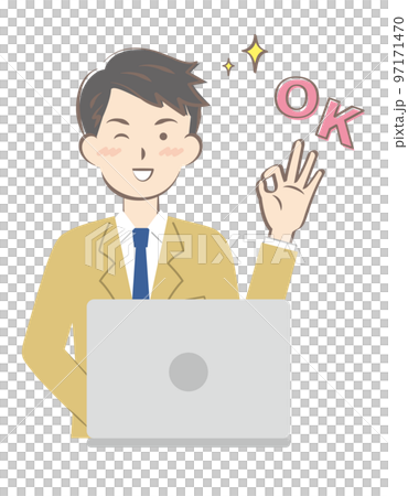 一個穿西裝的年輕人通過操作電腦做出 OK 的手勢 97171470