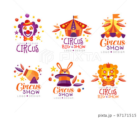 Bright Circus Logo Design with Clown, Tent, Cannon, Lion and Hare in Top Hat Vector Set Bright Circus Logo Design with Clown, Tent, Cannon, Lion and Hare in Top Hat Vector Set 97171515