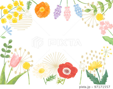 菜の花やチューリップやタンポポなどの春の花と北欧風の柄を組み合わせたフレーム 菜の花やチューリップやタンポポなどの春の花と北欧風の柄を組み合わせたフレーム 97171557