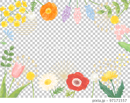 菜の花やチューリップやタンポポなどの春の花と北欧風の柄を組み合わせたフレーム 菜の花やチューリップやタンポポなどの春の花と北欧風の柄を組み合わせたフレーム 97171557