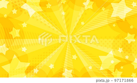 星が飛び出す模様が入ったお洒落な黄色の放射背景素材　ワイド16:9 97171866