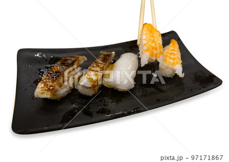 Top view of sushi set of saba and shrimp grill serve with slide dish, focus selective Top view of sushi set of saba and shrimp grill serve with slide dish, focus selective 97171867