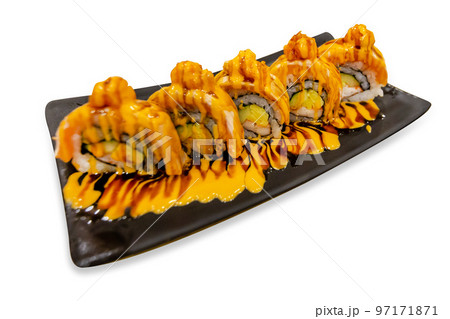 Top view of salmon Sushi roll topping with mayonnaise, Traditional of Japanese seafood., focus selective Top view of salmon Sushi roll topping with mayonnaise, Traditional of Japanese seafood., focus selective 97171871