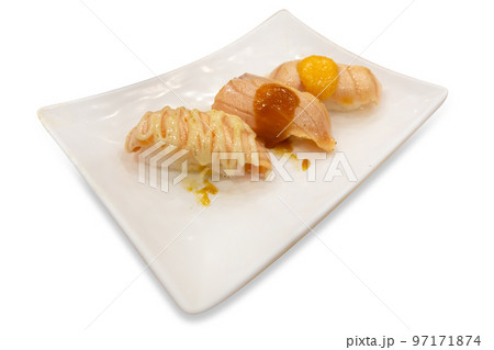 Top view of Salmon Tartar sushi , focus selective 97171874