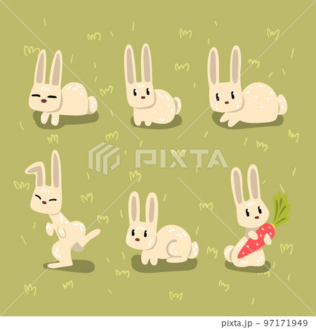 Small White Bunny in Different Poses on Green Grass or Lawn Vector Set 97171949