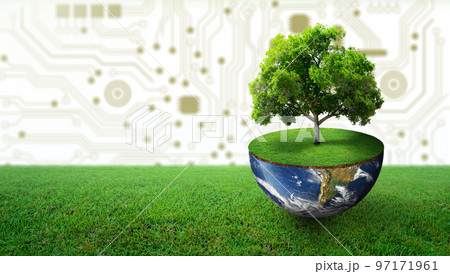 Tree growing on half of earth with green grass. Digital and Technology Convergence. Green Computing, Green Technology, Green IT, csr, and IT ethics Concept. Image furnished by NASA. Tree growing on half of earth with green grass. Digital and Technology Convergence. Green Computing, Green Technology, Green IT, csr, and IT ethics Concept. Image furnished by NASA. 97171961