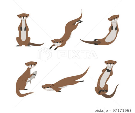 Sea Otter as Marine Mammal and Aquatic Creature with Brown Coat and Long Tail Sitting and Swimming Vector Set 97171963