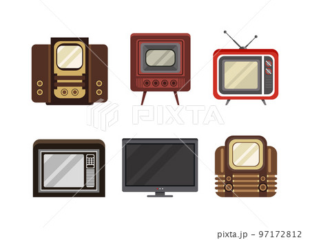 Retro Outdated Tv or Television Transmission Device with Screen and Antenna Vector Set 97172812