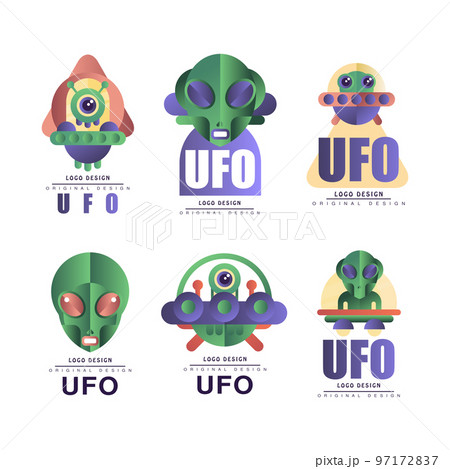 Ufo Logo Design Template with Green Alien and Spaceship Vector Set Ufo Logo Design Template with Green Alien and Spaceship Vector Set 97172837