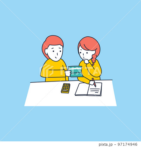貯金通帳を見ながら家計簿をつける若い夫婦のイラスト素材 貯金通帳を見ながら家計簿をつける若い夫婦のイラスト素材 97174946