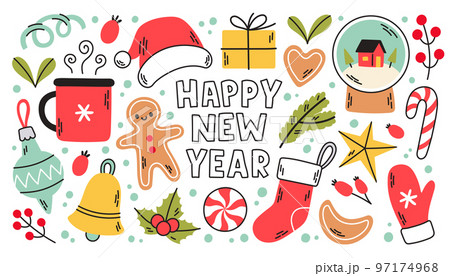 Cute sketch doodle Happy New Year set with santa hat, present, snow globe, socks, mittens, toys Cute sketch doodle Happy New Year set with santa hat, present, snow globe, socks, mittens, toys 97174968