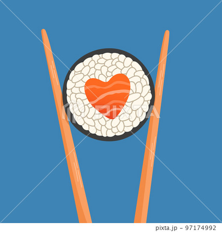 Chopsticks holding sushi roll, heart shape salmon roll, concept of snack, susi, sushi restaurant, sea food 97174992