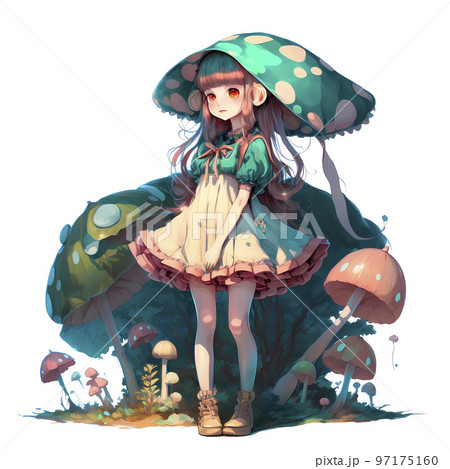 きのこのドレスを着た少女「AI生成画像」のイラスト素材 [97175160