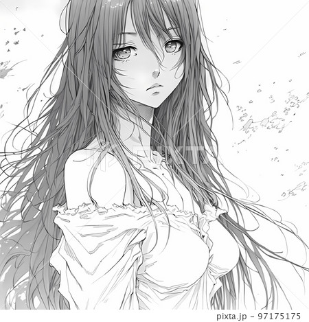 長い髪の美少女のスケッチ「AI生成画像」のイラスト素材 [97175175