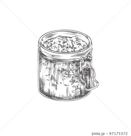 Hand drawn monochrome glass jar with dried basil sketch style 97175372