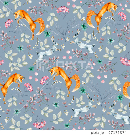 Winter plants, hare and fox watercolor seamless pattern isolated on blue. 97175374