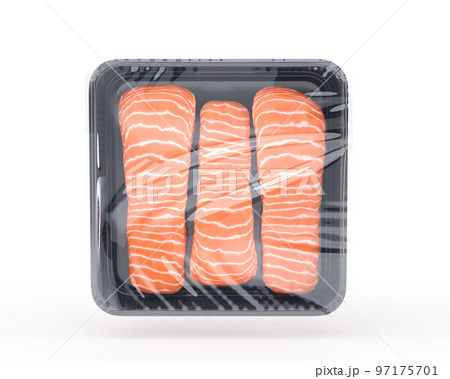 Raw fish in plastic package, fresh salmon steak in black food container isolated on white background 3d render. Realistic trout fillet, seafood product in hermetic tray, top view 97175701