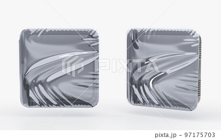 Black plastic trays for food, mockup empty square styrofoam containers with transparent film wrapper 3d render. Realistic set of polystyrene package for lunch, meal and fresh products 97175703
