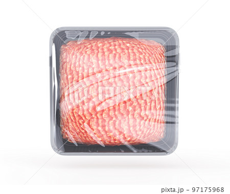 Plastic food tray with fresh raw minced meat and wrapping by transparent film 3d render. Ground beef, pork or lamb in styrofoam package in supermarket and store top view Plastic food tray with fresh raw minced meat and wrapping by transparent film 3d render. Ground beef, pork or lamb in styrofoam package in supermarket and store top view 97175968