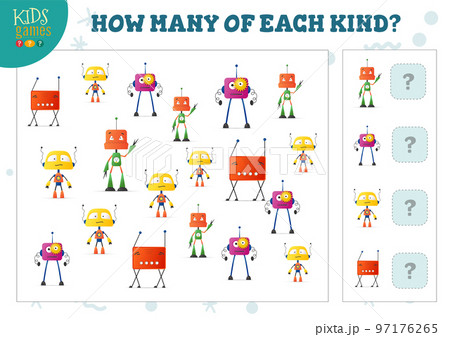 How many of each kind cartoon robot counting game for kids vector illustration 97176265