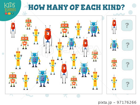 How many of each kind cartoon robot counting game for kids vector illustration 97176266
