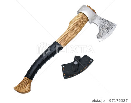 Vintage Old rusty axe with wooden handle and steel sharp blade isolated on white. Tool for labor, for cutting down forests and trees, device for chopping firewood. Equipment for woodcutter. Vintage Old rusty axe with wooden handle and steel sharp blade isolated on white. Tool for labor, for cutting down forests and trees, device for chopping firewood. Equipment for woodcutter. 97176327