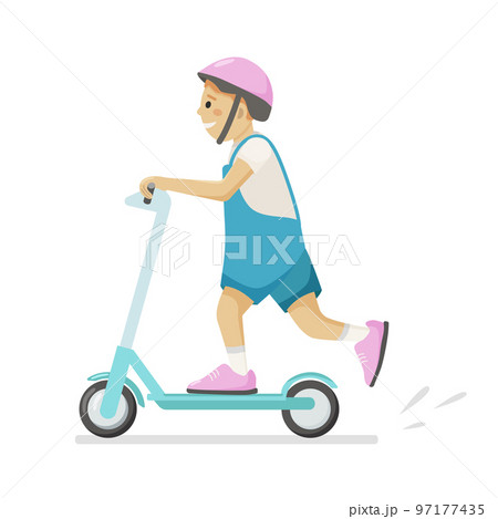 Smiling boy on kick scooter. Vector illustration on white background of a boy riding a scooter in a helmet. Smiling boy on kick scooter. Vector illustration on white background of a boy riding a scooter in a helmet. 97177435