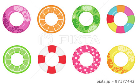 Set of bright inflatable swimming rings. Summer water and beach accessories. Lifebuoys for drowning people. 97177442
