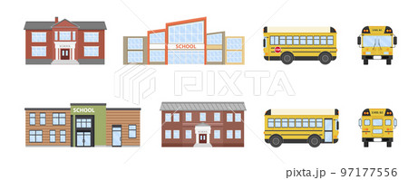 School set. Set of modern and classic school buildings and yellow school bus. 97177556