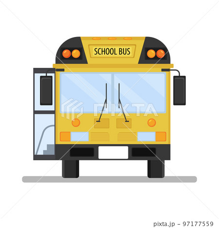 Illustration of a school bus front view with an open door. 97177559