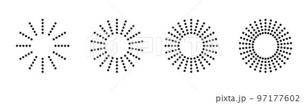 Dot radial circle lines. Circular radiating speed geometric lines. Sun star rays symbol. Abstract halftone striped design element. Motion lines. Vector illustration isolated on white background Dot radial circle lines. Circular radiating speed geometric lines. Sun star rays symbol. Abstract halftone striped design element. Motion lines. Vector illustration isolated on white background 97177602