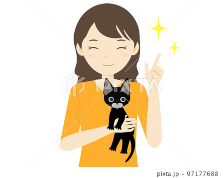 子猫を胸に抱いた笑顔の女性の上半身イラスト 97177688