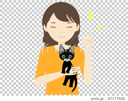 子猫を胸に抱いた笑顔の女性の上半身イラスト 97177688