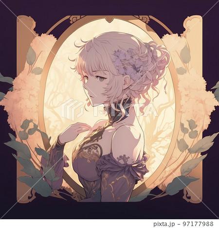 華美な飾り枠があるミュシャ風のイラスト 伏し目がちの女性「AI生成画像」 華美な飾り枠があるミュシャ風のイラスト 伏し目がちの女性「AI生成画像」 97177988