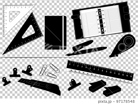 スケジュール帳 ものさし 万年筆 修正テープなどの文具のシルエット