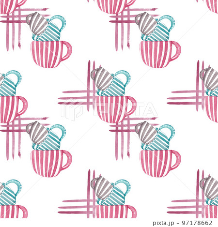 A set of striped mugs on a tablecloth. Seamless watercolor pattern. Ideal for the design of your kitchen, dining room A set of striped mugs on a tablecloth. Seamless watercolor pattern. Ideal for the design of your kitchen, dining room 97178662